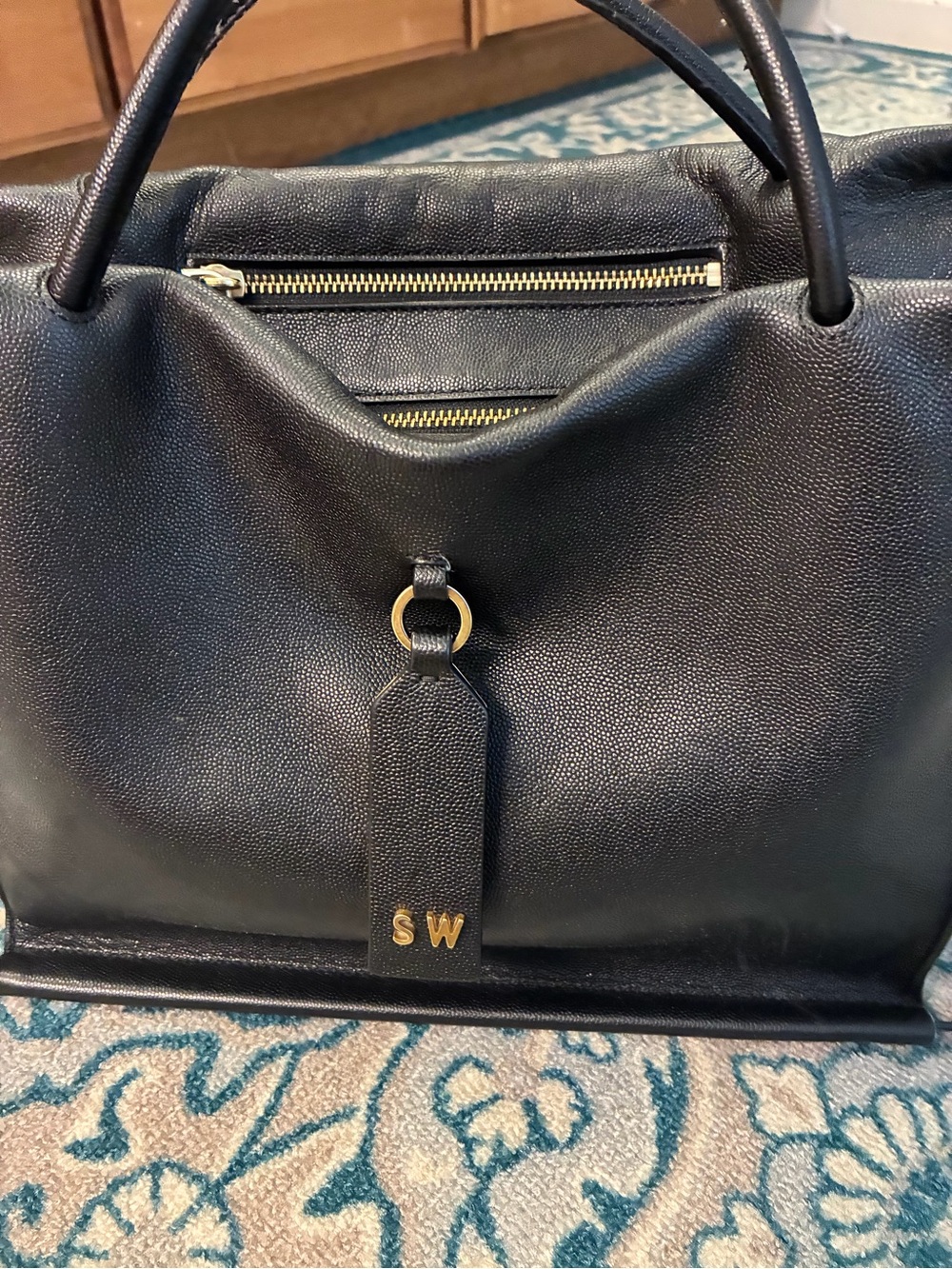 Large Stuart Weitzman Black Leather Tote Bag with Gold Hardware.